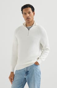 Brunello Cucinelli Cotton English rib sweater with half zip and raglan sleeves