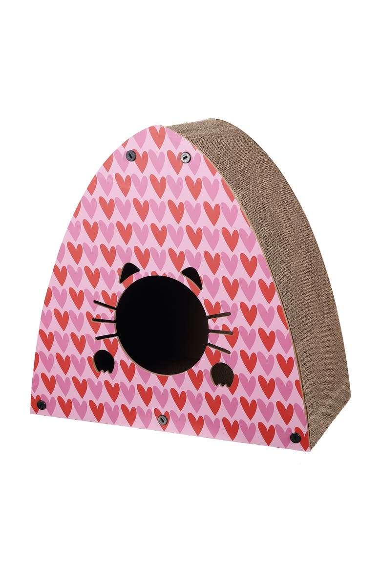 Koko Cardboard Triangle Cat Cave Scratcher with Catnip, Alternate, color, Pink/Red