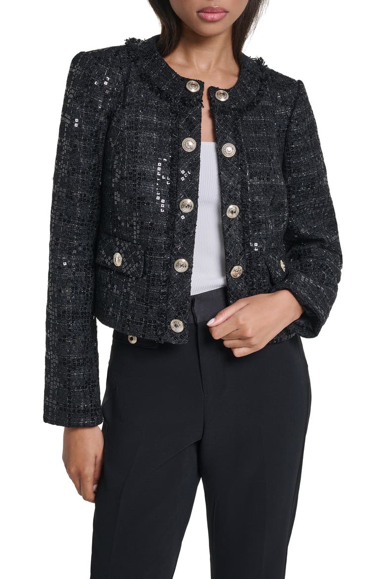 Sequin Collarless Jacket, Main, color, BLACK
