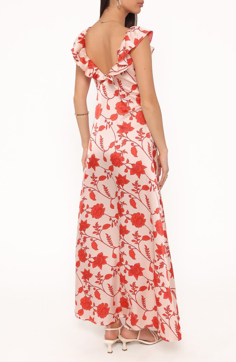 Petal & Pup Enala Floral Ruffle Sleeve Satin Maxi Dress, Alternate, color, Red Floral