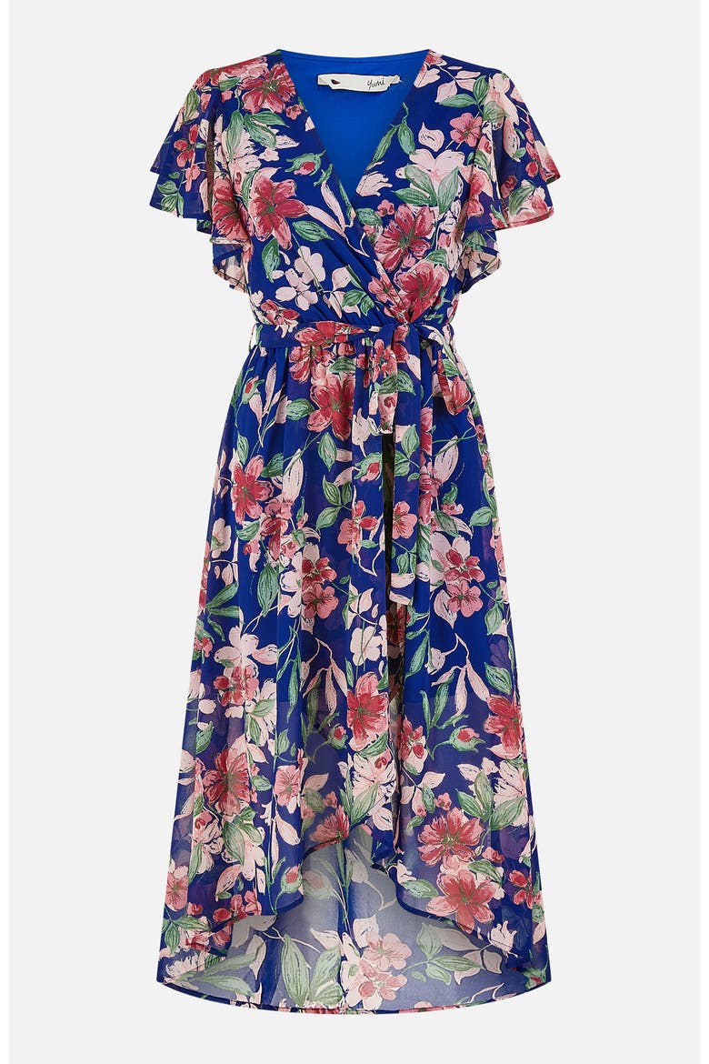 Floral Wrap Midi Dress With Frill Hem, Alternate, color, Blue