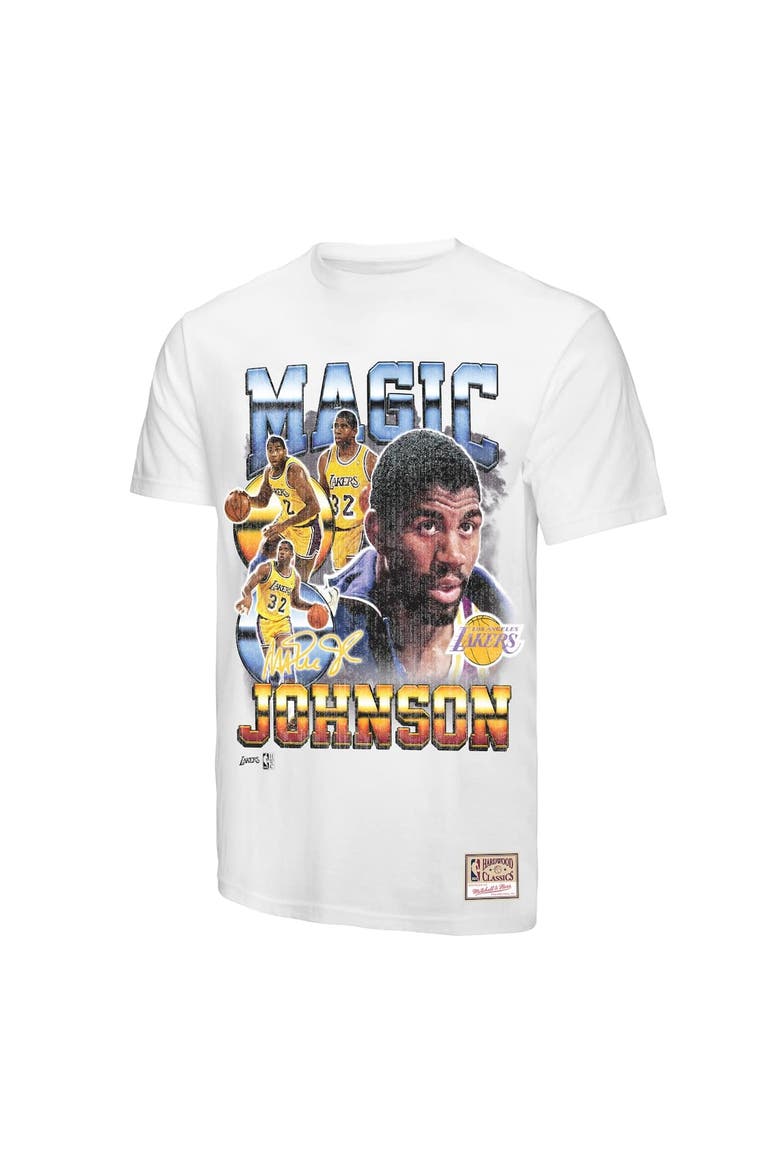 Men's Mitchell & Ness Magic Johnson White Los Angeles Lakers Commemorative Collage T-Shirt, Alternate, color, White