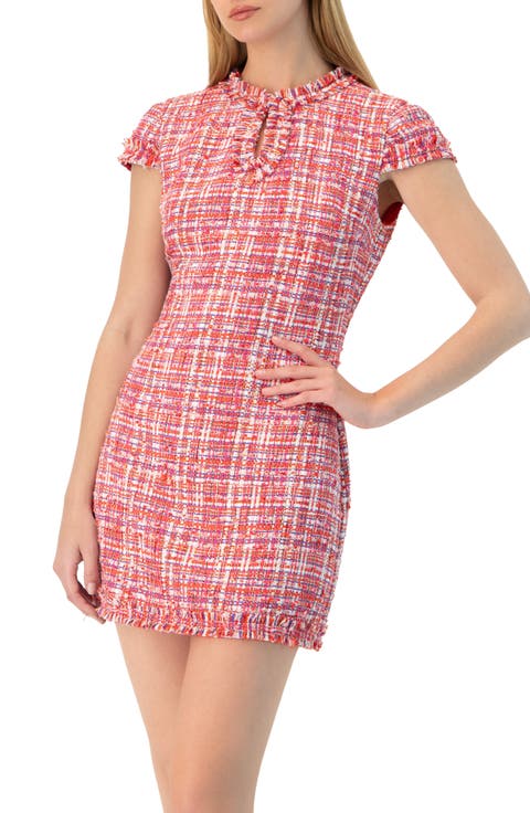 Short Tweed A-Line Dress with V-Neck Neckline