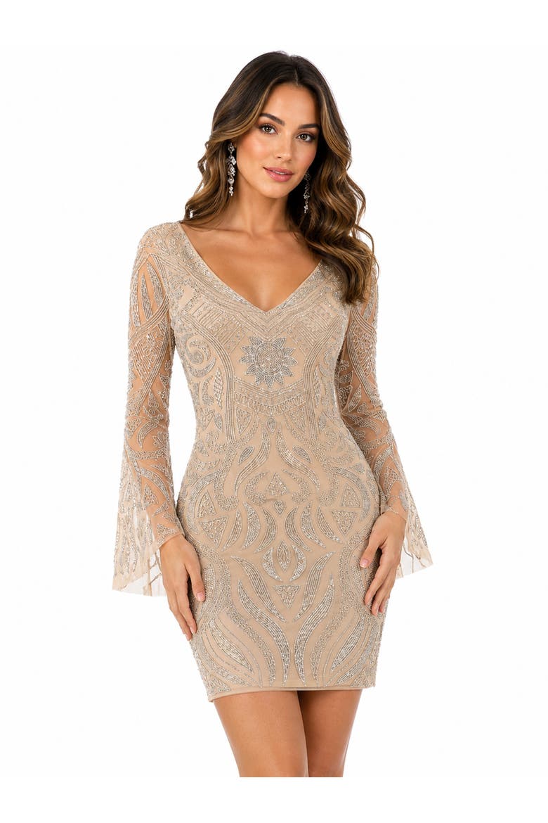 Bell Sleeves V Neck Cocktail Dress, Main, color, Nude