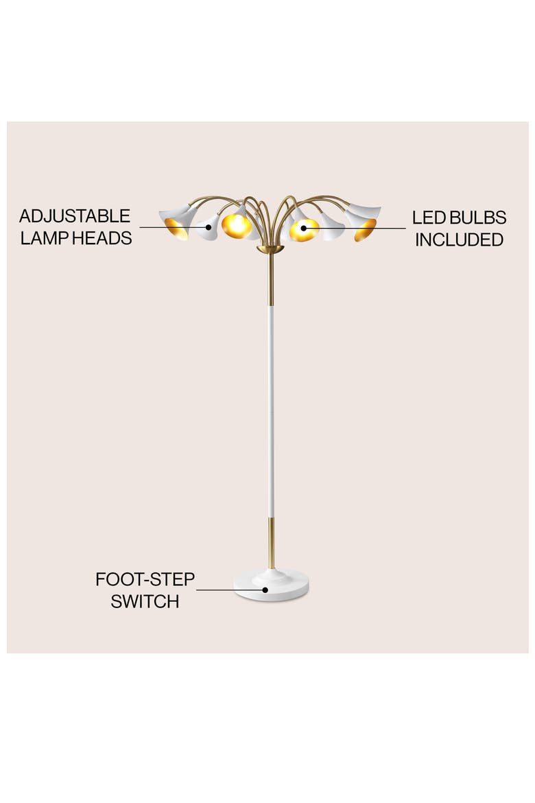 Vivian 61" 10-Light Mid-Century Modern Iron Medusa Multi Head LED Floor Lamp, Alternate, color, Brass Gold/White