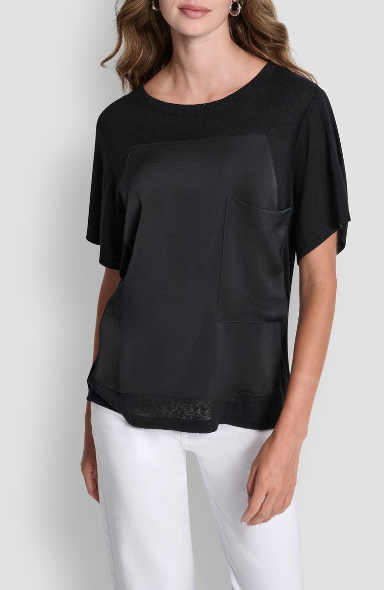 DKNY Mixed Media Satin Top, Main, color, Black