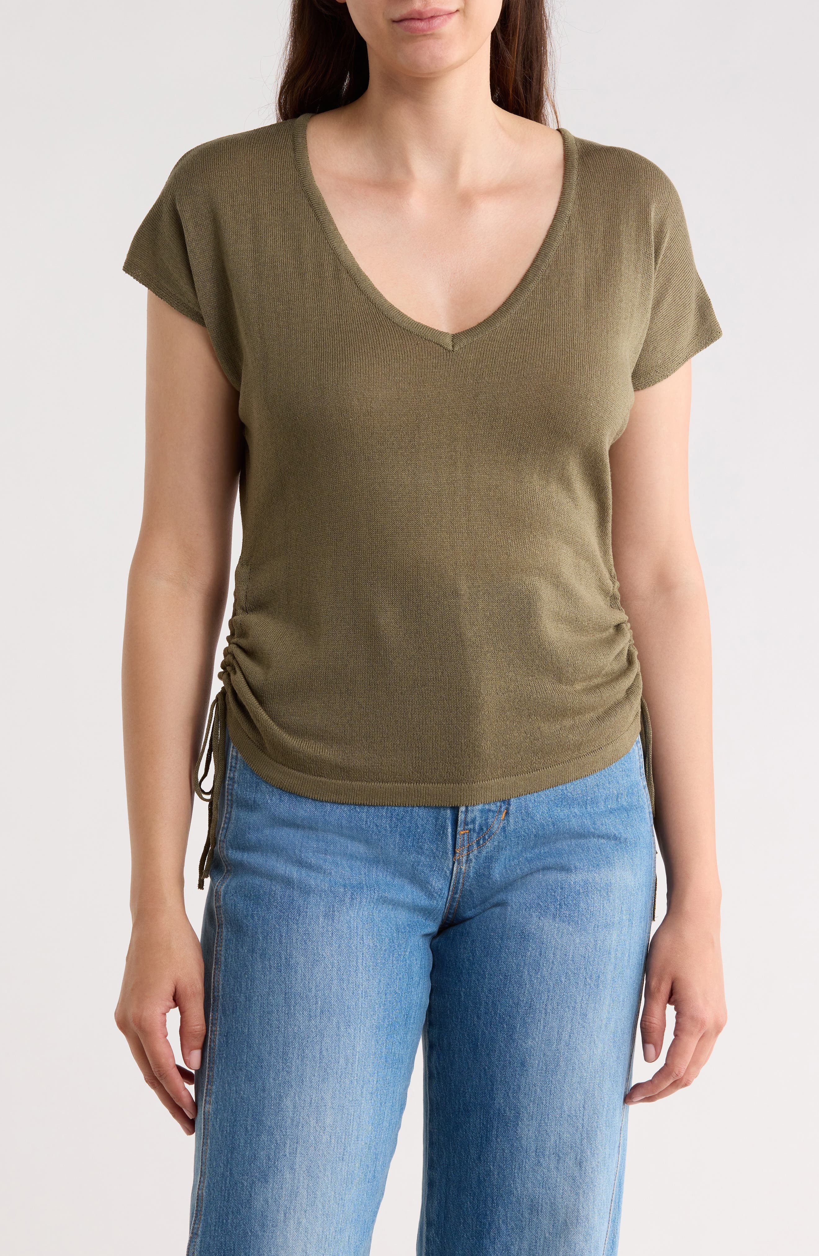 Side Ruched Short Sleeve V-Neck Sweater - image 5