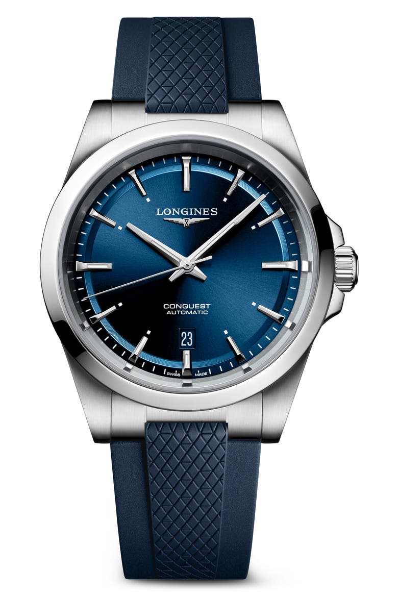 Conquest Blue Automatic Rubber Strap Watch, 41mm, Main, color, BLUE