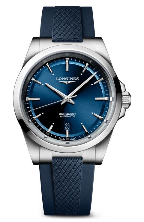 Conquest Blue Automatic Rubber Strap Watch, 41mm