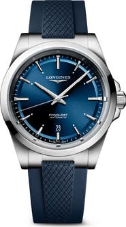 Longines Conquest Blue Automatic Rubber Strap Watch, 41mm
