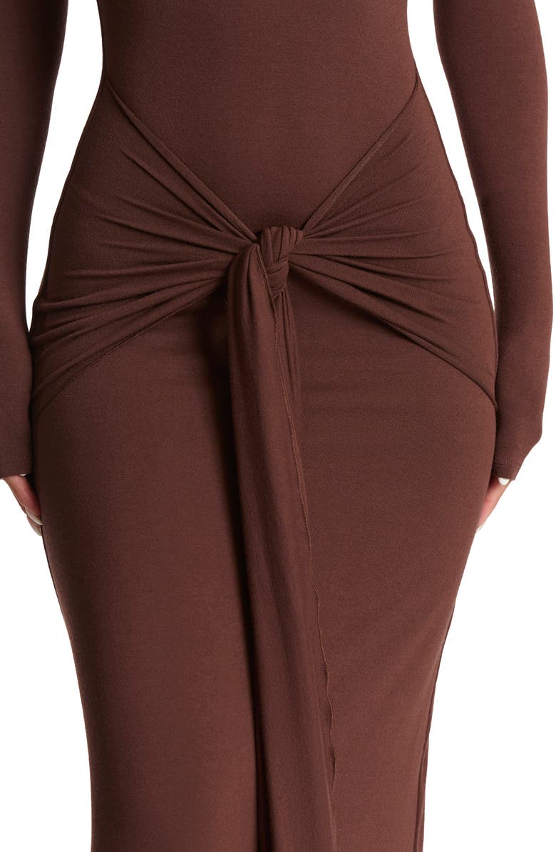 Naked Wardrobe Tie Front Long Sleeve Maxi Dress, Alternate, color, Choclate