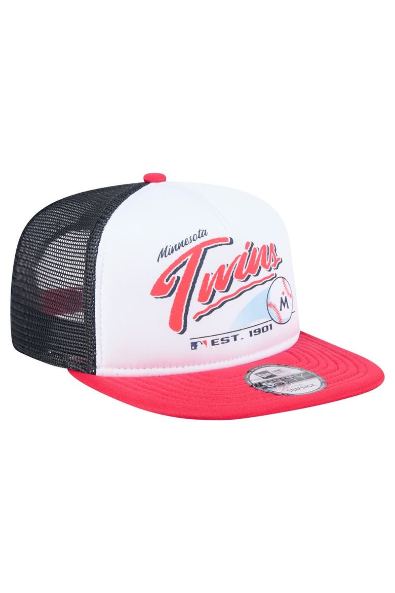 Men's New Era White/Red Minnesota Twins Retro Script Trucker 9FIFTY Snapback Hat, Alternate, color, White