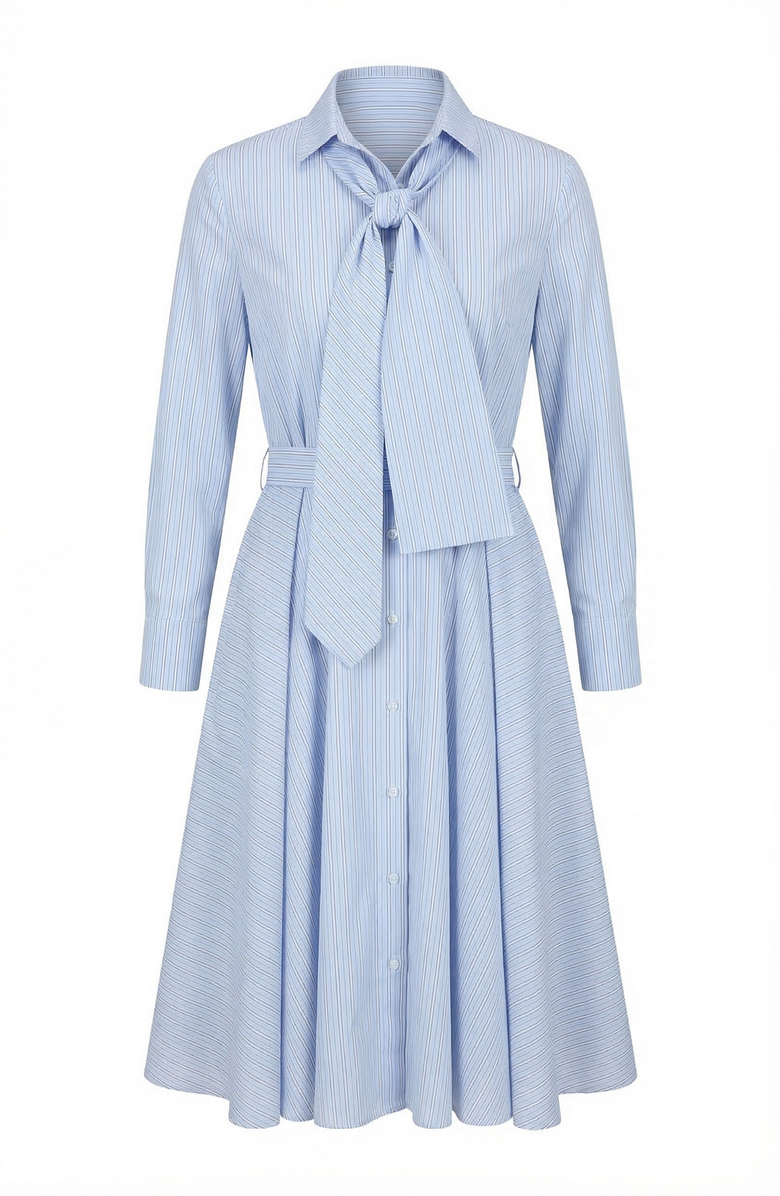Modenaire Striped Tie Neck Bow Waist Belt Shirt Dress, Alternate, color, Light Blue / White Stripes