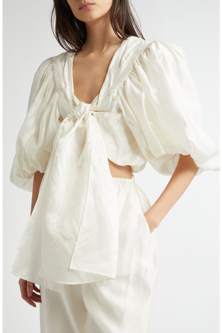 Tie Front Puff Sleeve Silk Bolero Top, Alternate, color, IVORY