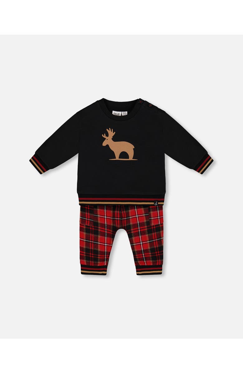 Deux par Deux Baby Boy's Fleece Sweatshirt And Pant Set Plaid Black And Red, Main, color, 