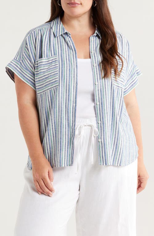 CASLONR CASLON(R) STRIPE SHORT SLEEVE LINEN BLEND BUTTON-UP SHIRT 