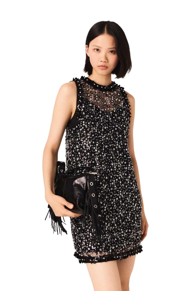 maje Rhinestone floral dress, Alternate, color, Black