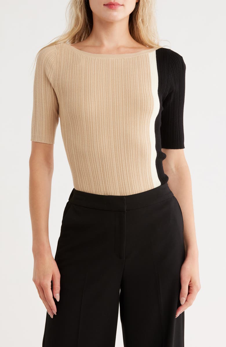T Tahari Colorblock Elbow Sleeve Ribbed Sweater, Main, color, 