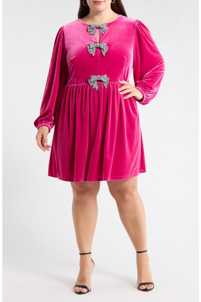 Glow Bow Velvet Long Sleeve Dress, Main, color, HOTPINK