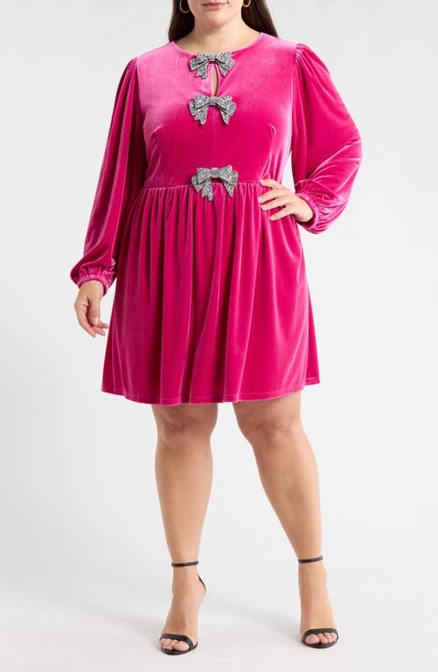 Glow Bow Velvet Long Sleeve Dress (Plus)