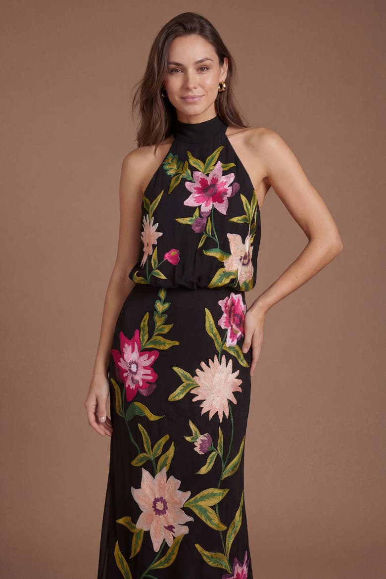 Floral Halter Neck Maxi Dress, Alternate, color, Black