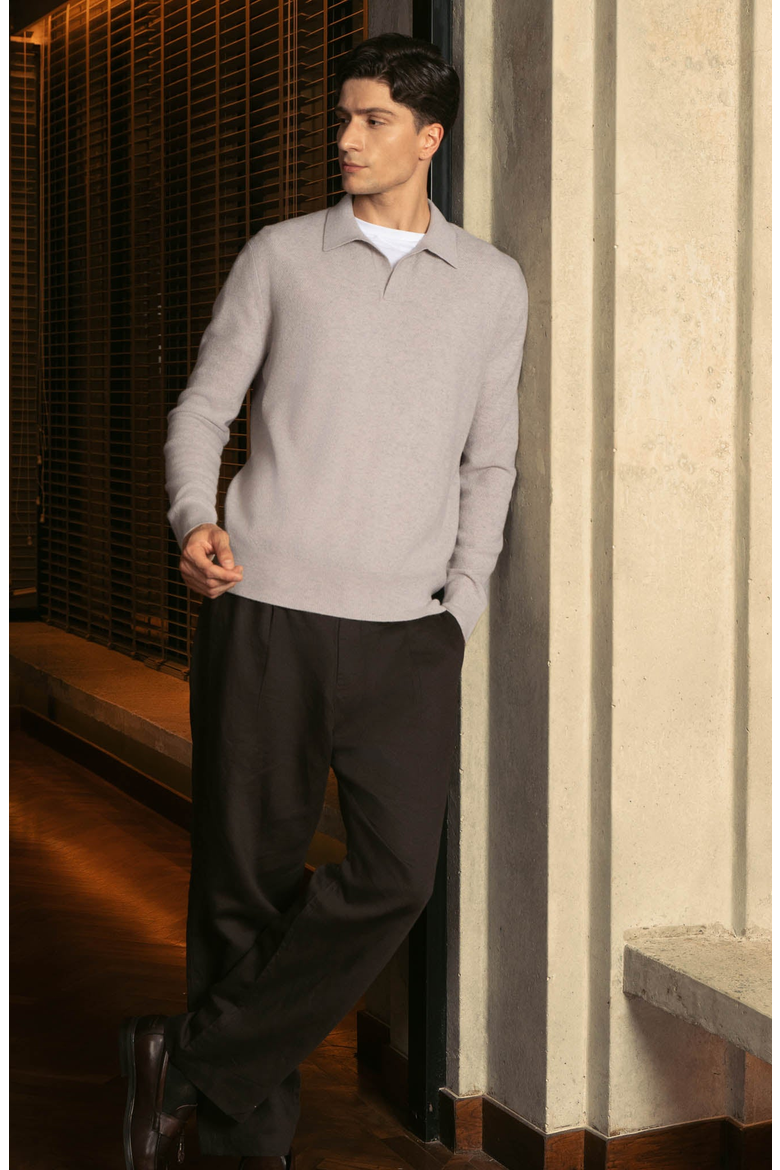 Olivier Birdseye Cashmere Long Sleeve Polo, Alternate, color, Toasted Oat