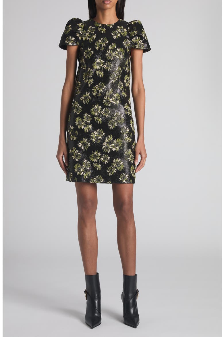 Puff Sleeve Sunflower Jacquard Shift Dress, Main, color, BLACK