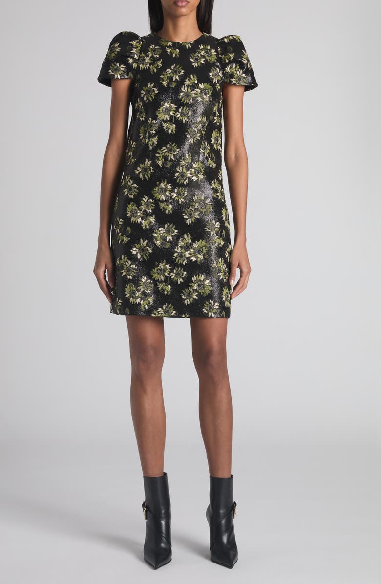 McQueen Puff Sleeve Sunflower Jacquard Shift Dress, Main, color, Black