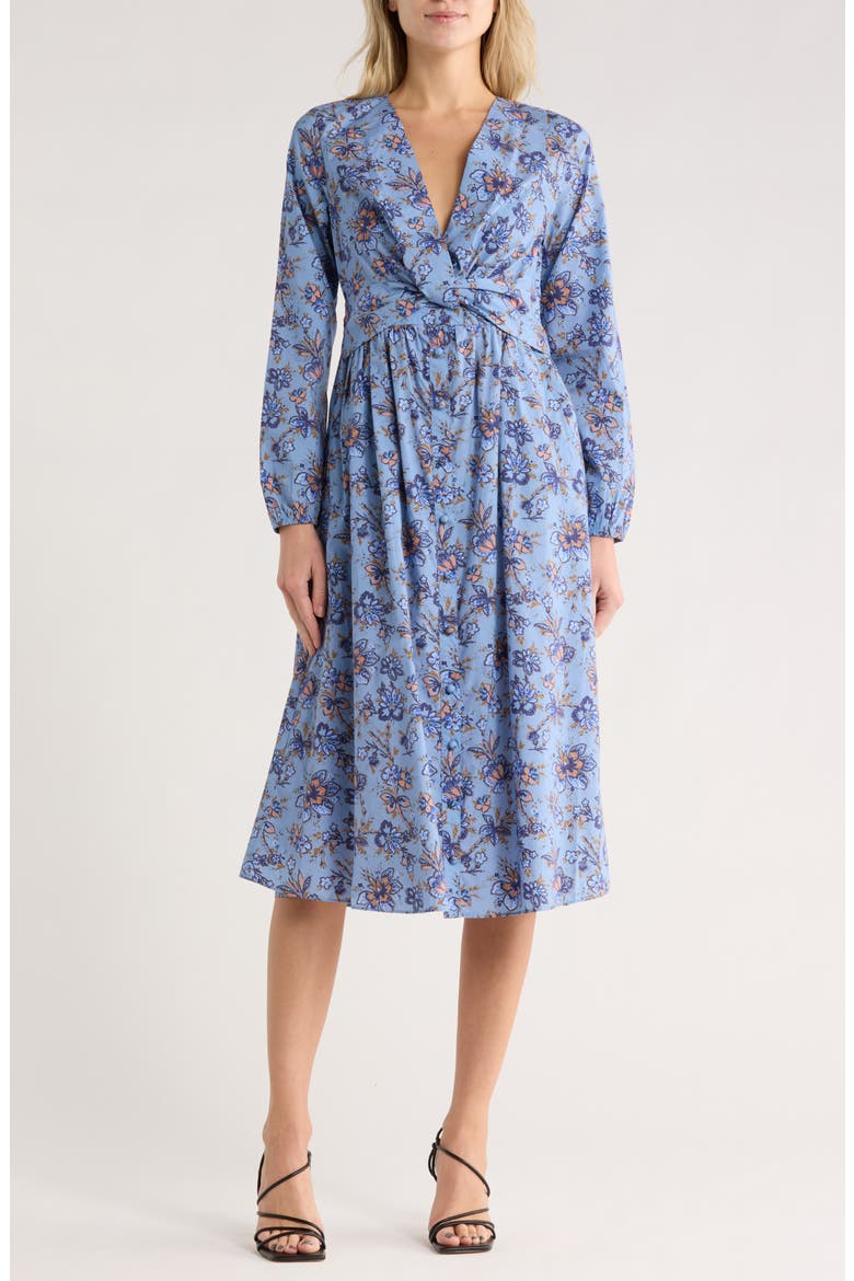 Valerie Twist Front Long Sleeve Cotton Dress, Main, color, DENIM BLUE MULTI