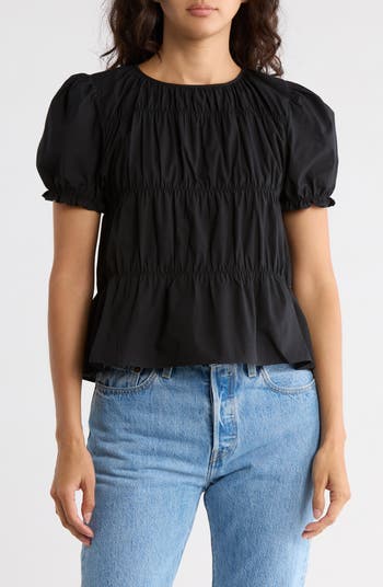 Shirred Puff Sleeve Poplin Top