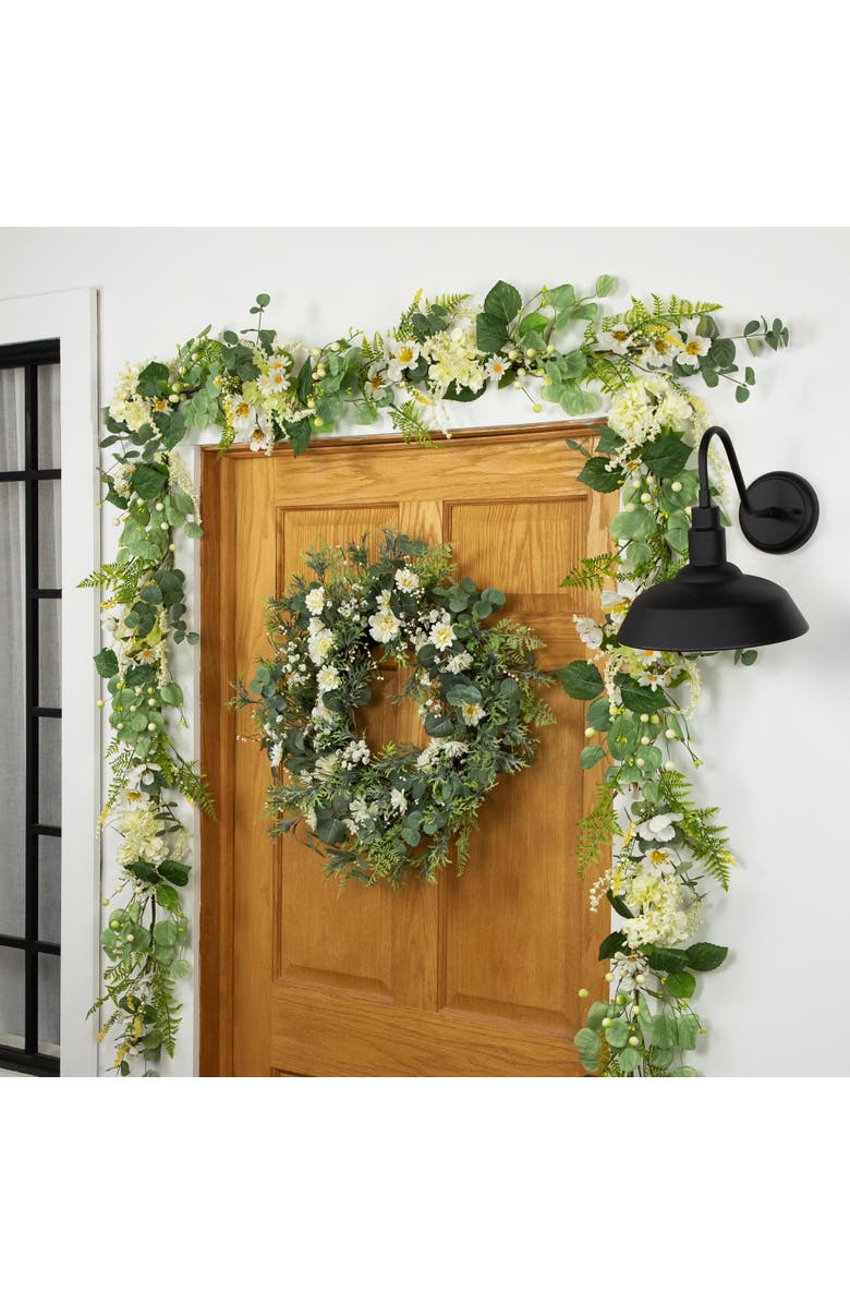 Northlight Hydrangea and Eucalyptus Artificial Floral Spring Garland - 5', Alternate, color, White
