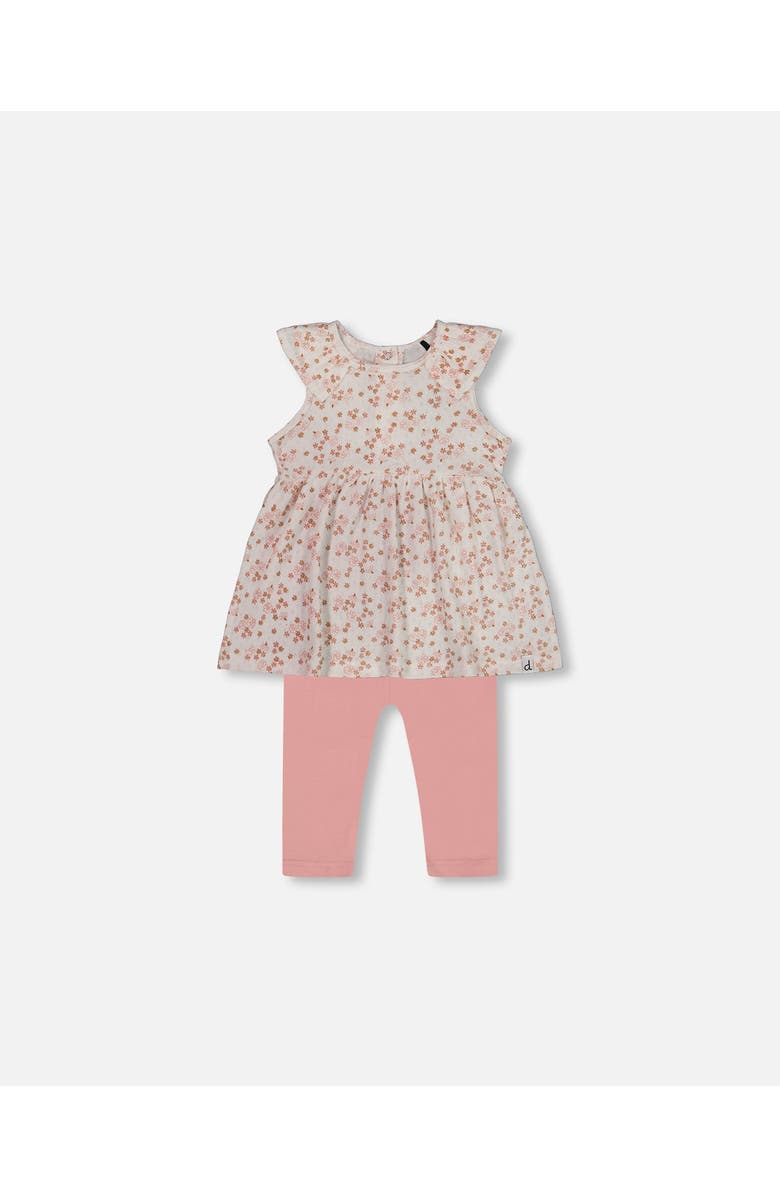 Deux par Deux Baby Girl's Printed Organic Cotton Tunic And Leggings Set White With Pink Flowers, Main, color, White With Pink Flowers