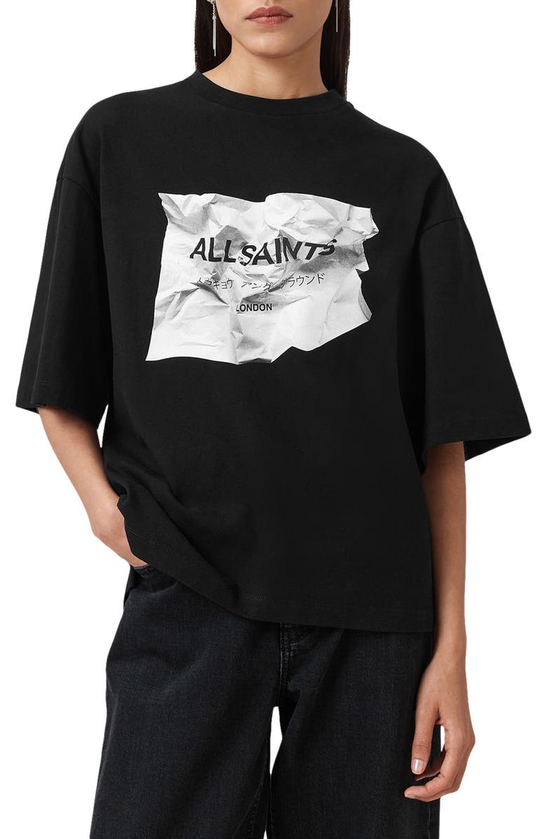 AllSaints Scrunch Amelie Oversize Cotton Graphic T-Shirt, Main, color, Black