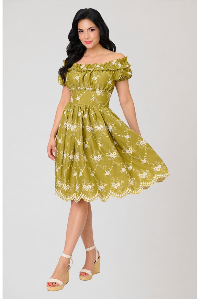 1950s Off The Shoulder Ruffle Swing Dress, Main, color, Green w/ Floral Print