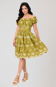 Unique Vintage 1950s Off The Shoulder Ruffle Swing Dress