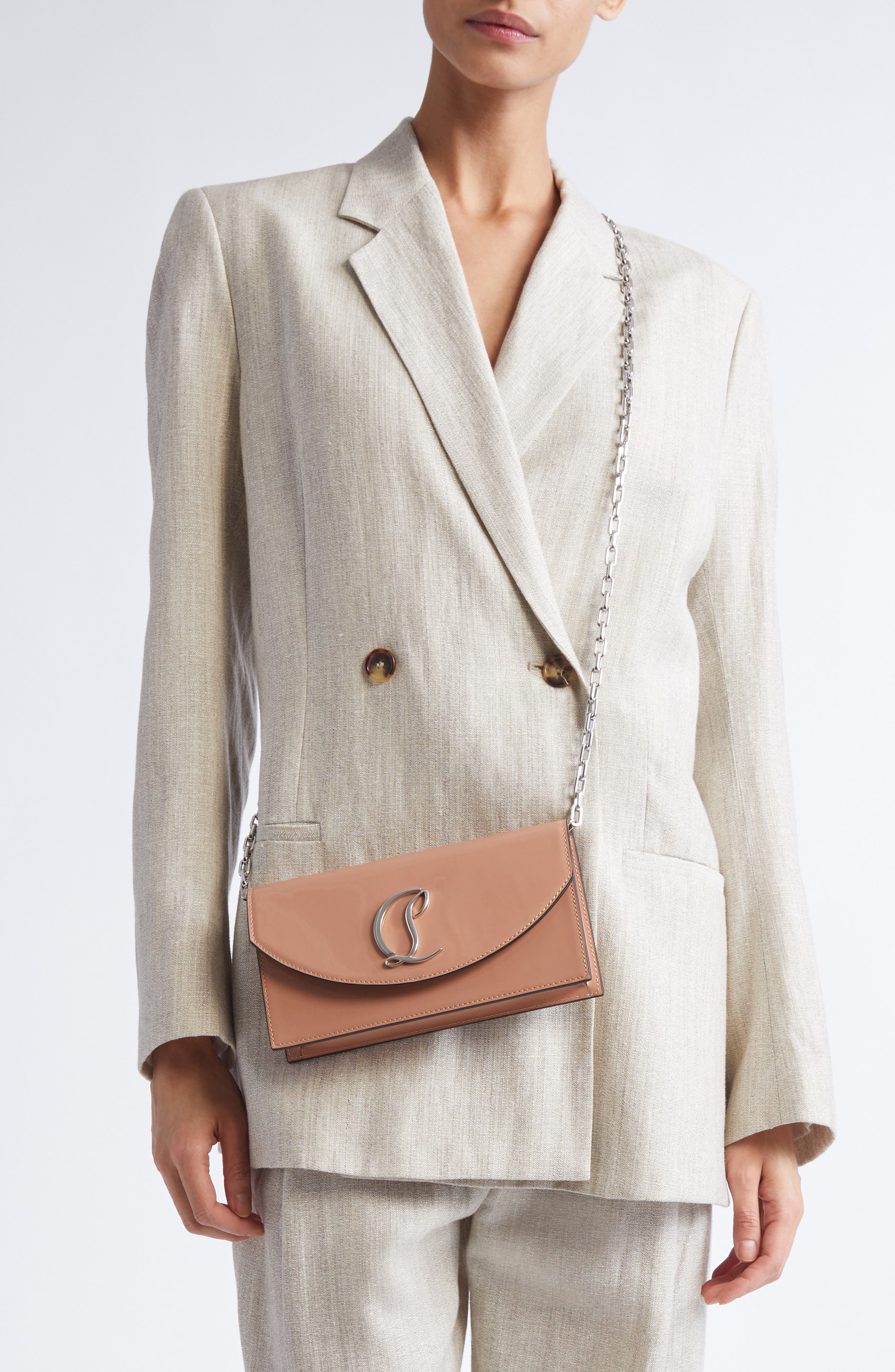 Christian Louboutin Loubi54 Patent Leather Clutch, Alternate, color, Nude/ Silver