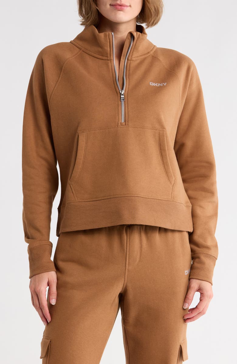 DKNY Mini Stud Logo Half Zip Sweatshirt, Main, color, Brnt Sugar