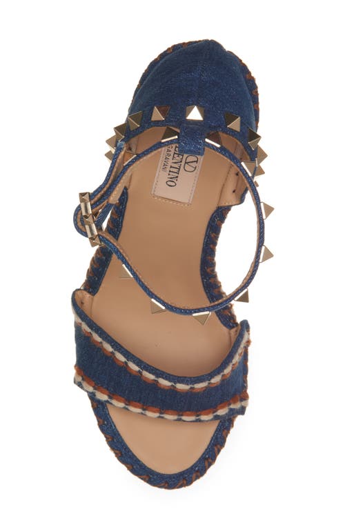 Valentino Rockstud 105 Denim Wedge Sandal In Blue