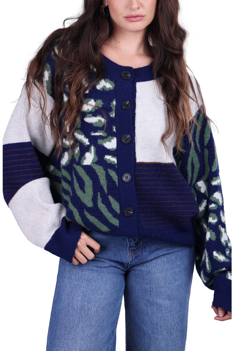Leopard Patchwork Knit Cardigan Sweater, Main, color, NAVY