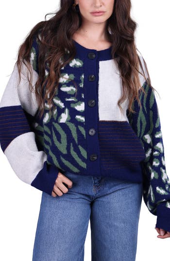 Saachi Leopard Patchwork Knit Cardigan Sweater In Navy