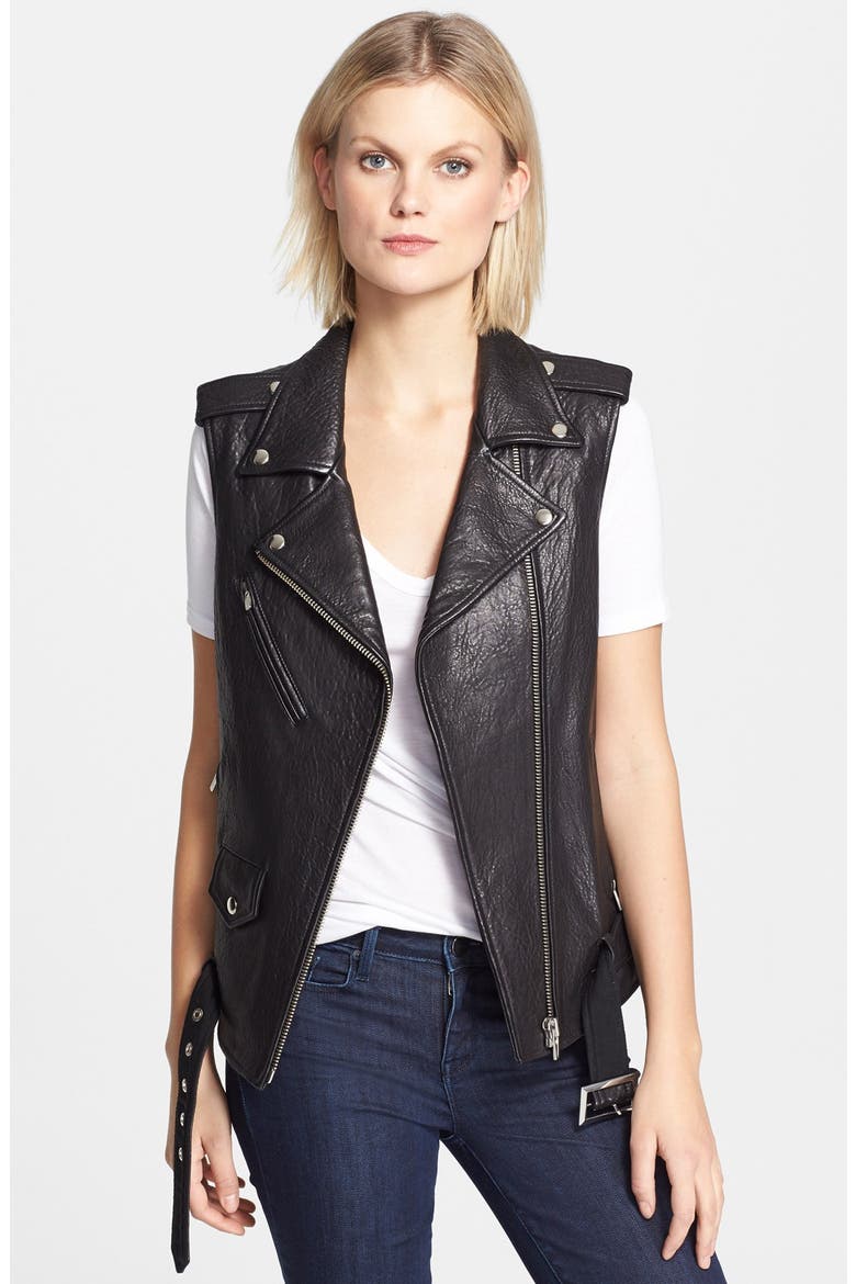 'Castor' Classic Textured Leather Moto Vest, Main, color, BLACK