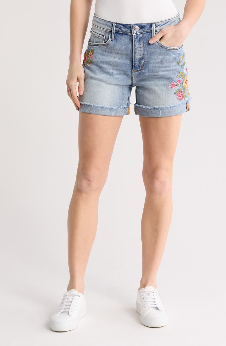 Driftwood Frannie x Artistic Floral Embroidered Denim Shorts, Main, color, 