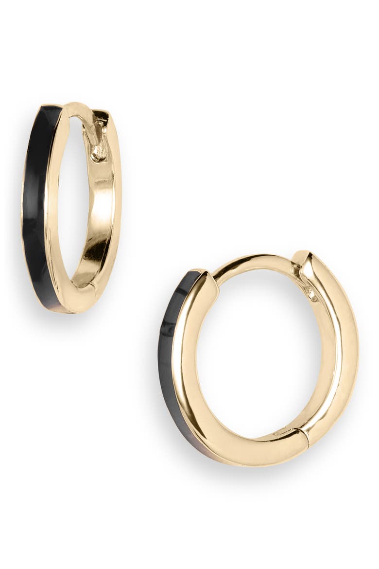 Victoria Enamel Huggie Hoop Earrings, Main, color, BLACK ENAMEL/ YELLOW GOLD
