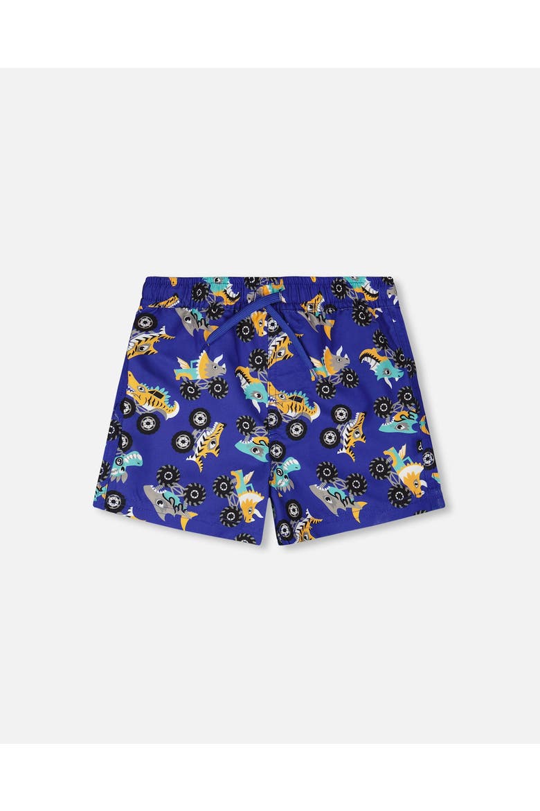 Mid Thigh Elastic Waist Truck Boardshorts, Main, color, Blue Printed Trucks