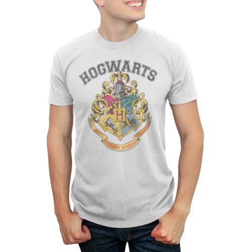 Harry Potter Distressed Collegiate Hogwarts Crest Graphic T-shirt In White