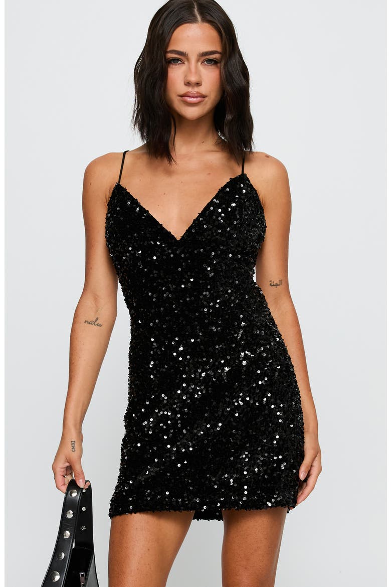Charlette Sequin Velvet Minidress, Alternate, color, BLACK