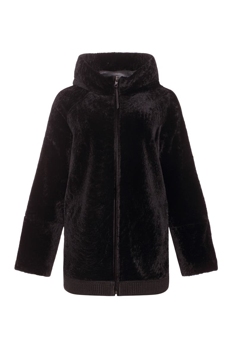 Reversible Textured Genuine Shearling Lamb Zip Parka with Ribbed Hem, Alternate, color, BROWN/BROWN