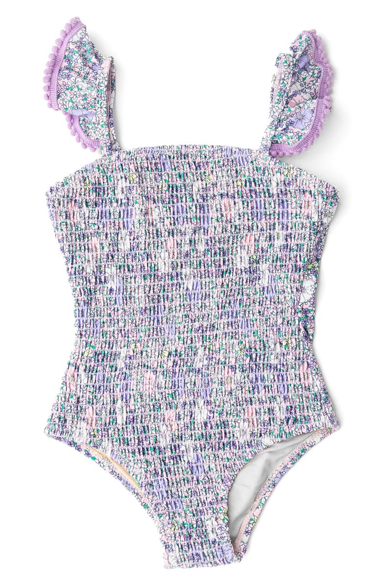 Shade Critters Kids' Flower Power Smocked One-Piece UPF 50+ Swimsuit, Main, color, Purple