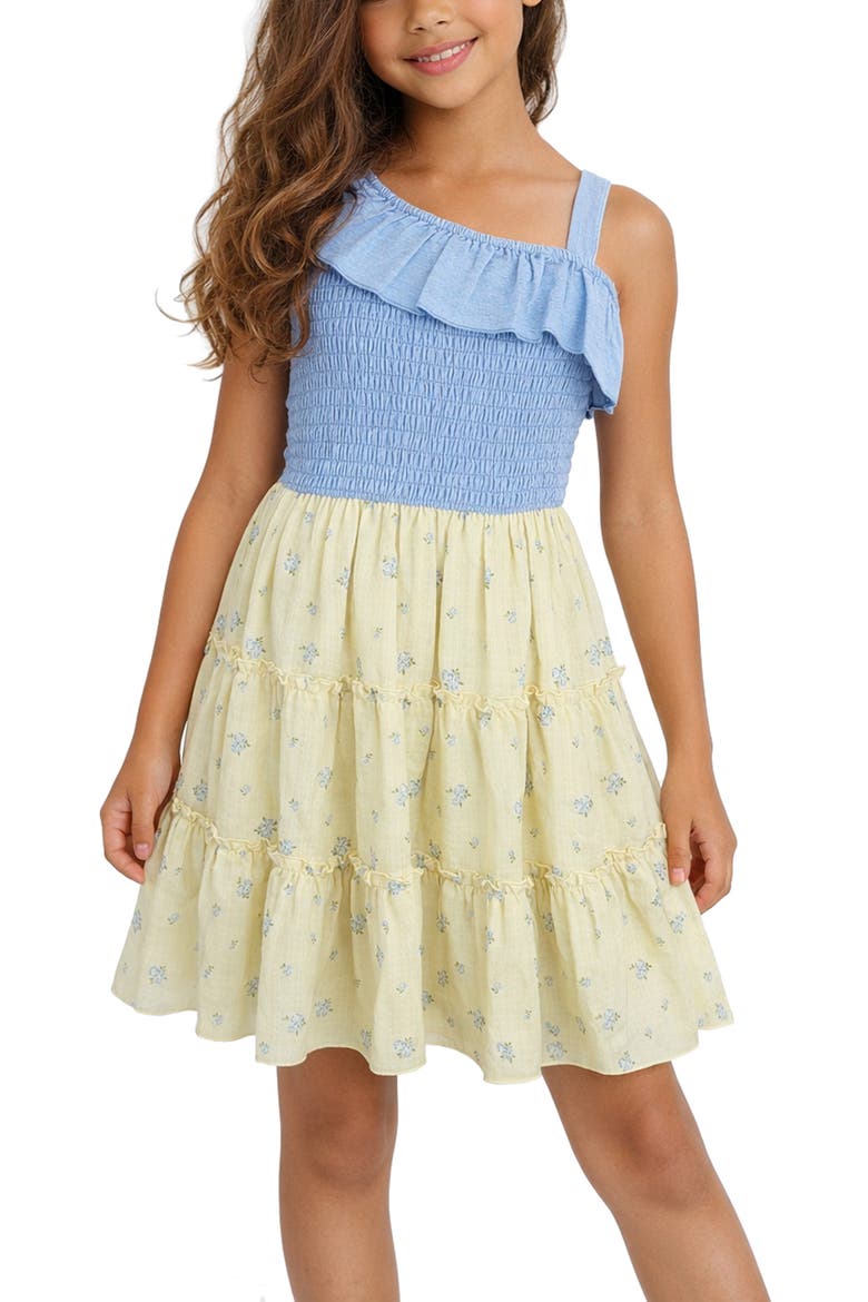 Kids' One Shoulder Smocked Dress, Alternate, color, DENIM/ YELLOW