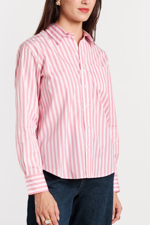 Frances Valentine Perfect Button Down Stripe Cotton Poplin In Pink/white